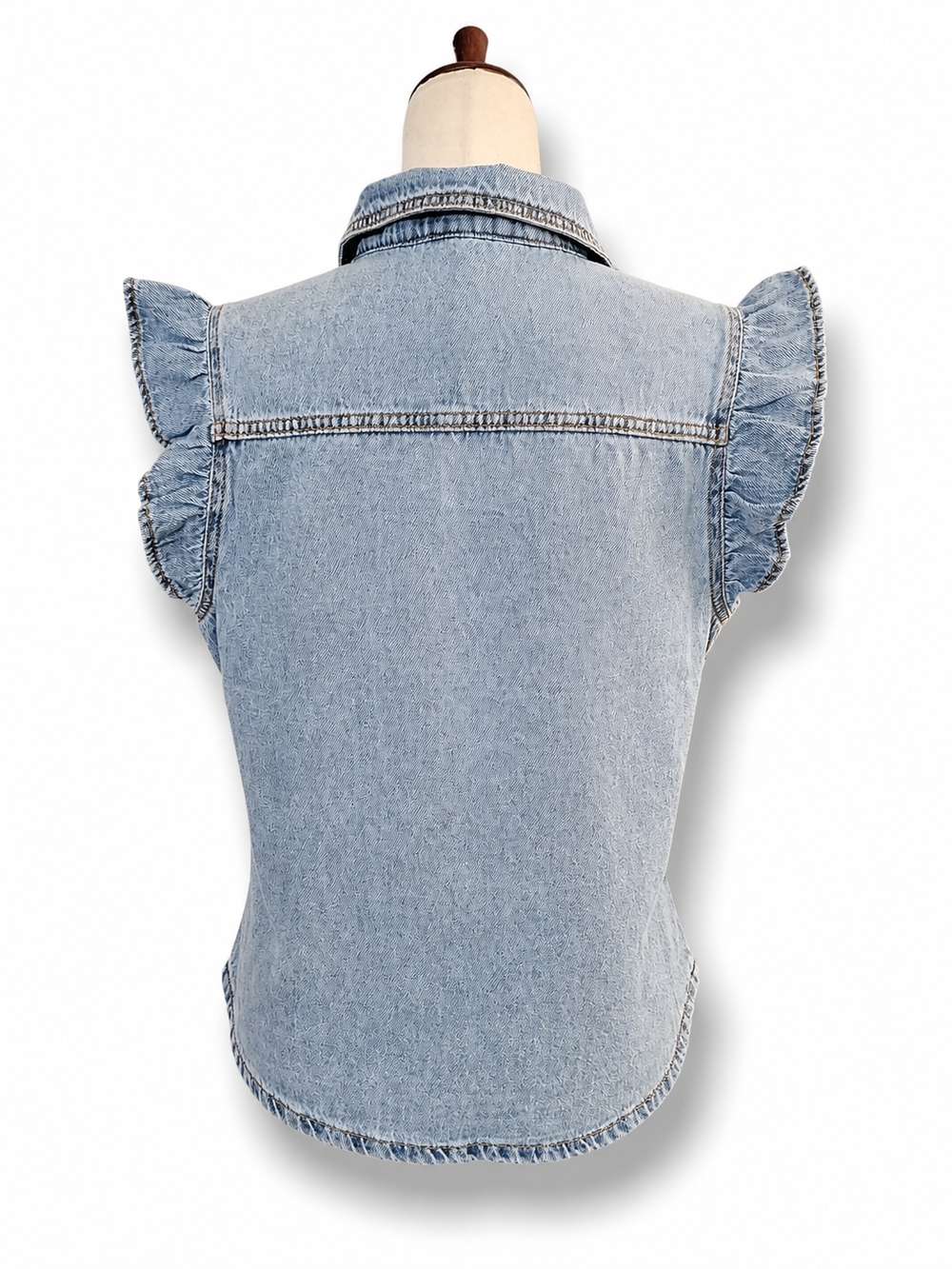 Sleeveless Light Wash Denim Button-Front Shirt with Ruffle Sleeves Frye - Picture 2 of 3